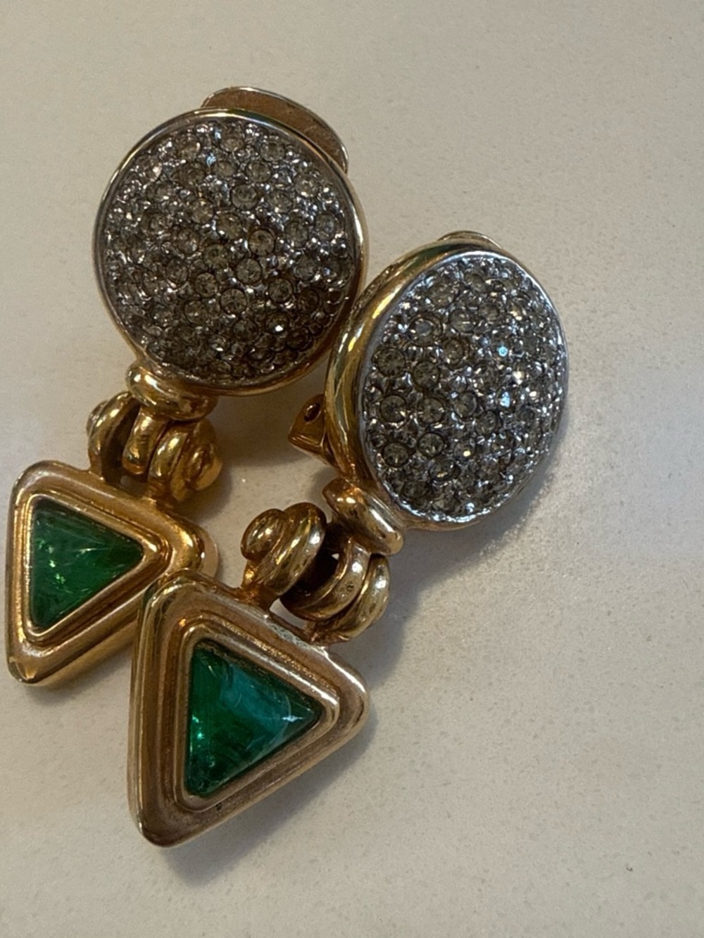 Gold Tone Green Triangle Drop Earrings with Pavé Crystal Discs